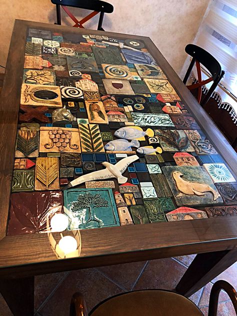 Tile Dinner Table, Ceramic Tile Furniture, Homemade Tiles Ceramics, Handmade Ceramic Tiles Kitchen, Tree Of Life Ceramic Tile, Ceramic Tile Mural, Ceramic Coffee Table, Ceramic Tile Art, Ceramic Tree