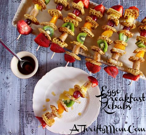 Eggo Breakfast Kebabs ~ Eggo Week Of Waffles #EggoWaffleOff - A Thrifty Mom - Recipes, Crafts, DIY and more Street Food On A Stick, Food On A Stick Party, Breakfast Skewer Ideas, Taco On A Stick, Fruit On Skewers Sticks, Breakfast On A Stick, Foods On A Stick, Tofu Kebab, Food On A Stick