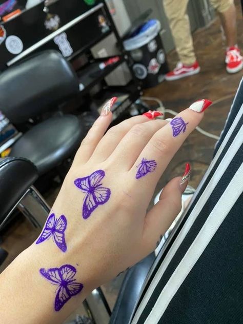 Hand Tattoos For Women 2023, Small Unique Hand Tattoos, Red Butterfly Hand Tattoo, Red Butterfly Tattoo On Hand, Butterfly Hand Tattoo For Women, Tattoo Butterfly Hand, Baddie Transformation, Butterfly Hand Tattoos, Butterfly Tattoo Sleeve