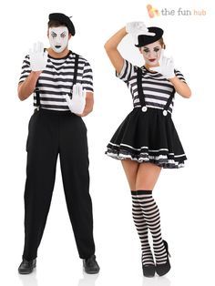 Mens Ladies Mime Artist Costume Black White Street Circus French Carnival Outfit #CompleteOutfit Circus Fancy Dress, Diy Karneval, Mime Costume, Mime Artist, Carnival Outfit, Circus Dress, Circus Outfits, Mens Fancy Dress, Carnival Dress