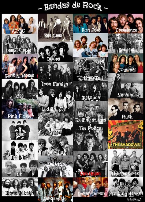 Bandas de Rock illustration #Photoshop #people #men #band #poster #music #AC/DC Bon Jovi #Creedence Deep Purple The Doors Guns N' Roses Iron Maiden Kiss (music) #Metalica #Nirvana Led Zeppelin Pink Floyd Rolling Stones The Beatles The Police The Shadows Van Halen #U2 #Aerosmith Duran Duran The Ventures Jethro Tull The Who Bee Gees progressive rock heavy metal thrash metal hard rock new wave alternative rock #post-punk pop music rock music #5K #wallpaper #hdwallpaper #desktop Band Wallpapers Desktop, Rock Illustration, The Who Band, 70s Rock Bands, Roses Illustration, Kiss Music, 5k Wallpaper, Metal Songs, Rock And Roll History