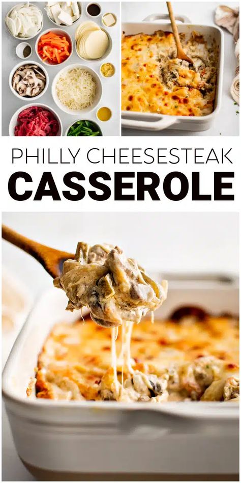 This easy Philly Cheesesteak Casserole bursts with all the classic flavors of Philly cheesesteak sandwiches, including thinly sliced sirloin steak, bell peppers, onions, and three types of cheese! It's a creamy, keto, low-carb casserole that works for both dinner and as a mouthwatering party snack. Easy Philly Cheese Steak Casserole, Keto Philly Cheesesteak Casserole, Sliced Sirloin, Philly Cheesesteak Sandwiches, Philly Cheesesteak Casserole, Cheesesteak Casserole, Cheesesteak Sandwiches, Steak Casserole, Philly Cheese Steak Casserole