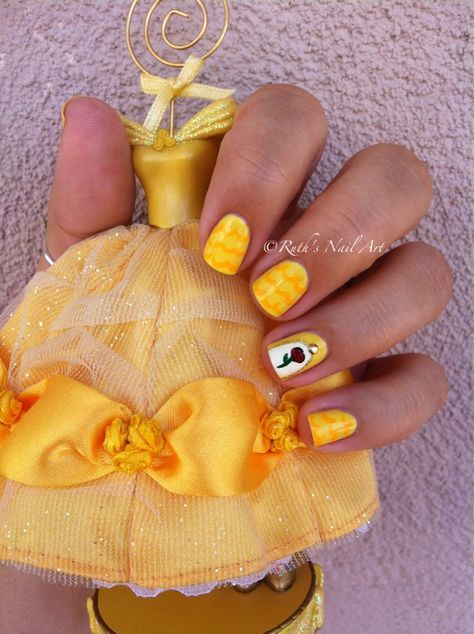 Belle nails Belle Nails Disney, Belle Inspired Nails, Beauty And The Beast Nails, Belle Nails, Nails Disney, Character Nails, Disney Nail Designs, Disney Nail, Themed Nails