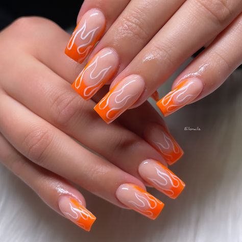 Orange Swirly Nails, Orange Flame Nail Designs, French Flame Nails, White Nails With Orange Design, Orange Flame Nails, White Nail Art Ideas, Nail Art Orange, Artistic Drawings, Neon Orange Nails