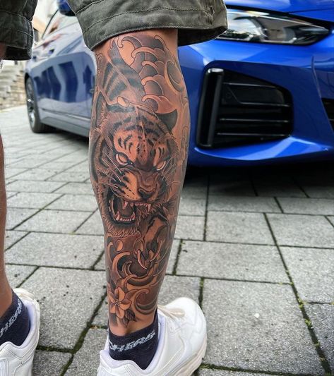 Sleeve Tattoos Asian, Leg Sleeve Tattoo Japanese, Japanese Arm Tattoo Men, Tiger Leg Sleeve, Leg Placement Tattoo, Palm Tree Sleeve Tattoo, Tiger Leg Tattoo, Tattoo Ideas For Men Forearm Half Sleeves, Tiger Tattoo Back