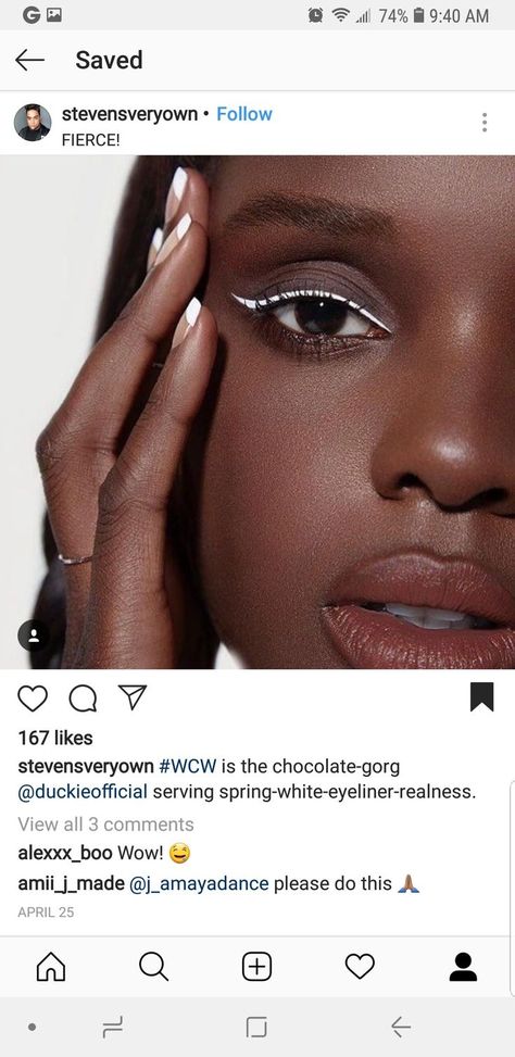 White eyeliner on dark skin Eyeliner On Dark Skin, Eye Makeup Natural, Eyeshadow Techniques, Instagram London, White Eyeliner, Under Eye Concealer, Black Makeup, Dewy Skin, Dark Skin Makeup