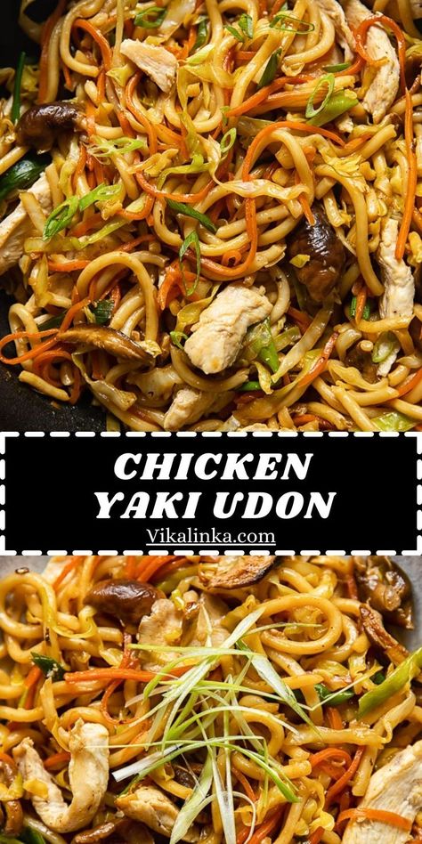 This recipe for yaki udon delivers stellar results and only requires 20 minutes of your time! Noodles tossed with simple vegetables and chicken are flavoured by a savoury sauce that is so easy to put together. Chicken And Udon Noodles, Udon Noodles Chicken, Yaki Udon Chicken, Udon Pasta Recipe, Asian Noodle Dishes Chicken, Yakiudon Recipe Stir Fry, Udon Noodle Dishes, Udon Noodle Stir Fry Chicken, Yaki Soba Recipe