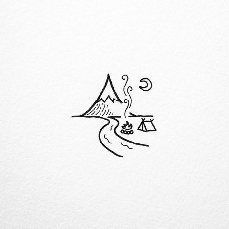 Camping drawing Simple Volcano Tattoo, Volcano Drawing Simple, Tattoo Camping, Indonesia Volcano, Doodle Easy, Camping Tattoo, Camping Drawing, Sharpie Drawings, Arte Doodle