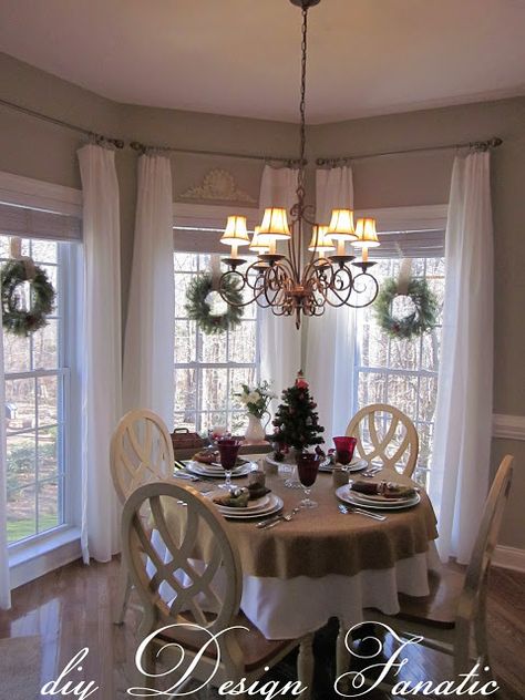 windows for dining area-would be nice if sunroom went off of kitchen and then wrapped to the edge of the dining room? Breakfast Nook Curtains, Bay Window Treatments, Bay Window Curtains, Dining Room Windows, Revere Pewter, Kitchen Window Treatments, Favorite Paint Colors, Kitchen Nook, Window Room