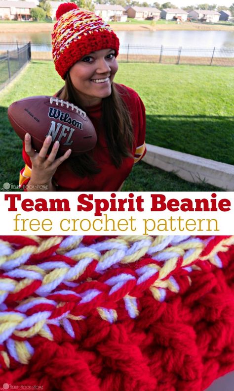 It is football season and what better way to show support for your team than to wear a cute, crocheted beanie in the team's colors?! Whip one up with this free crochet pattern today! via @ashlea729 Crochet Football Team Hat Free Pattern, Crochet School Colors Hat, Crochet Chiefs Hat Pattern, Kc Chiefs Crochet Hat Patterns, Crochet Sports Team Hat, Crochet Team Hat, Crochet Sports Hat, Crochet Chiefs Hat, Nfl Crochet Patterns Free