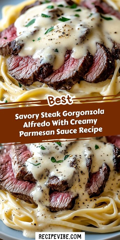 Looking for a mouthwatering way to elevate your steak dinner? This Savory Steak Gorgonzola Alfredo with Creamy Parmesan Sauce is the perfect addition! Impress your guests with this rich, decadent dish that pairs beautifully with your favorite sides. Save this recipe for your next special meal! Steak Recipes For Dinner Healthy, Round Steak Pasta Recipes, Greek Steak Recipes, Steak Garganzola Alfredo, Saucy Steak Recipes, Parmesan Cream Sauce For Steak, Steak Dinner Meals, Filet Mignon Dinner Ideas, Dinners With Steak