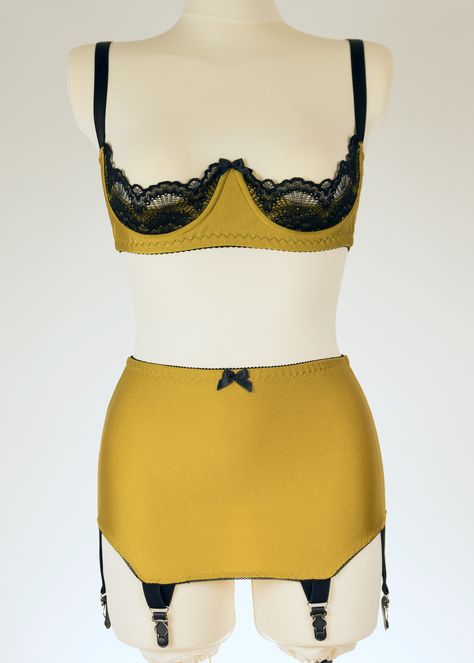 Lucy Quarter cup bra and Lila girdle in Old Gold with Black combination Quarter Cup Bra, Black Combination, Garter Belts, Retro Lingerie, Sewing Lingerie, Lingerie Inspiration, Girdles, Stockings Lingerie, Stockings And Suspenders