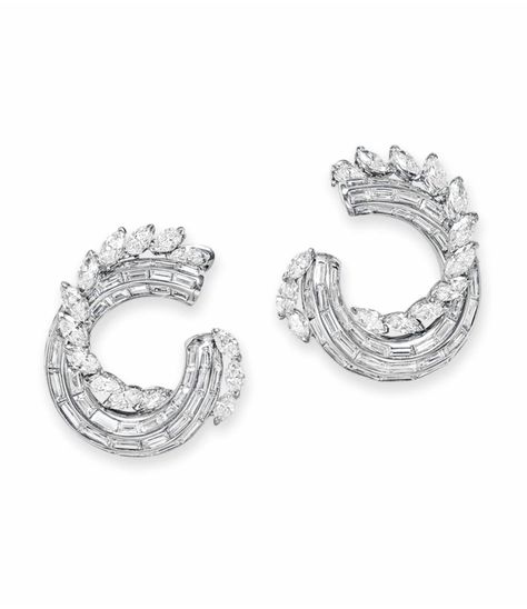 A PAIR OF DIAMOND EAR CLIPS, BY GRAFF.  Each designed as a marquise and baguette-cut diamond hoop of overlapping design, mounted in platinum, with maker's mark.  Signed Graff. Overlapping Design, Chand Bali, Graff Diamonds, Diamond Chandelier Earrings, Titanic Jewelry, Diamond Chandelier, Diamond Ice, Ear Clips, Simple Diamonds