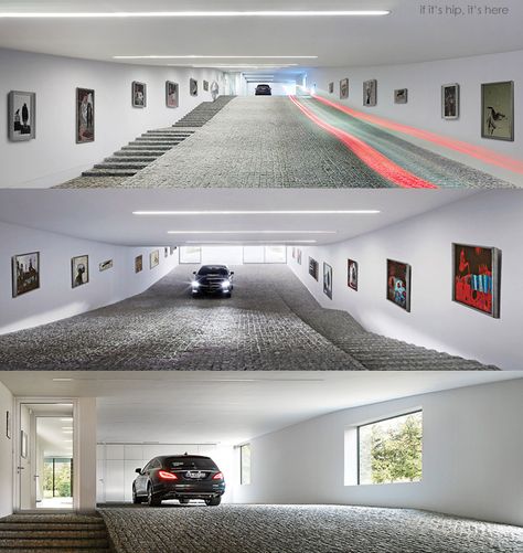 Brilliant.  A Home Whose Driveway Is Functional Indoor Space: The Autofamily House. Underground Parking, Moving Walls, Luxury Garage, Modern Garage, Indoor Design, Modern Architecture House, Parking Design, Garage Design, Garage House