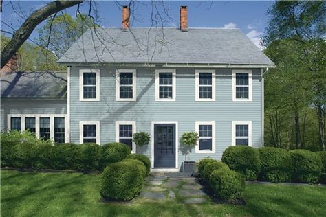 Look at the paint color combination I created with Benjamin Moore. Via @benjamin_moore. Siding: Yarmouth Blue HC-150; Trim: Simply White 2143-70; Door: Newburyport Blue HC-155. Narragansett Green, Green Benjamin Moore, Palladian Blue Benjamin Moore, Outside House Colors, Benjamin Moore Exterior, Benjamin Moore Classic Gray, Best Exterior Paint, Color Combinations Paint, Exterior Paint Color