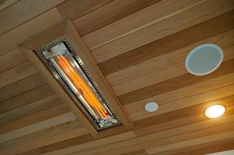 recessed infratech heater in tongue-and-groove wood ceiling Deck Heater Ideas, Ceiling Heaters Outdoor, Screened In Porch Heater, Porch Heater Ideas, Tongue And Groove Patio Ceiling, Deck Heater, Porch Heater, Outdoor Screen Room, Radiant Heating System