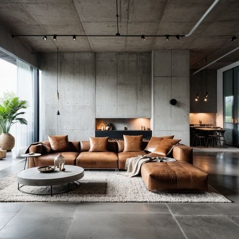 Salon Estilo Industrial, Wall Design Ideas Living Room, Warm Industrial Living Room, Modern Industrial Living Room, Industrial Living Room, Warm Industrial, Living Room Industrial, Concrete Home, Interior Minimalista