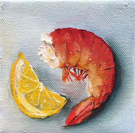 Lemon Oil Painting, Shrimp With Lemon, Fish Oil Painting, Food Paintings, Louisiana Food, Louisiana Art, Foodie Art, Lemon Oil, Large Artwork