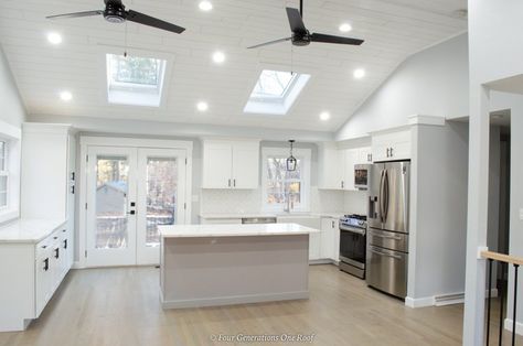 split level kitchen remodel with island and vaulted ceiling Open Concept Split Level Kitchen, Split Kitchen Layout, Diy Vaulted Ceiling, Tri Level House Interior Remodel, Split Level Kitchen Remodel Open Concept, Diy Kitchen Remodel Ideas, Split Kitchen, Split Foyer Remodel, Split Level Kitchen