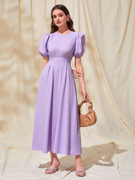 Short Sleeve Midi Dress Formal, Lilac Dress Outfit, Causal Frocks, Western Frocks, Lila Dress, Modest Dresses For Women, Cocktail Dresses With Sleeves, Blouses Designs, Frock For Women