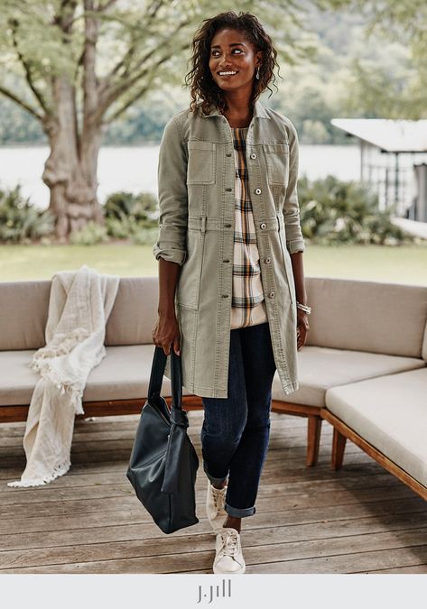 Elevate your casual look with a longer denim jacket—we love a great top layer—aka: the third piece. J Jill Outfits, Long Denim Jacket, Park Square, Autumn Trends, Hooded Tunic, Ponte Leggings, River Park, Slim Leg Pants, Garnet Hill