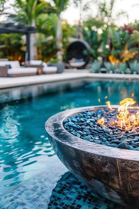 Backyard Bliss: Pool and Fire Pit Design Tips Pool And Fire Pit, Dining Room Colour Schemes, Dining Room Design Luxury, Small Urban Garden, Led Pool Lighting, Fire Pit Ideas, Pool Shapes, Backyard Balcony, Cozy Patio