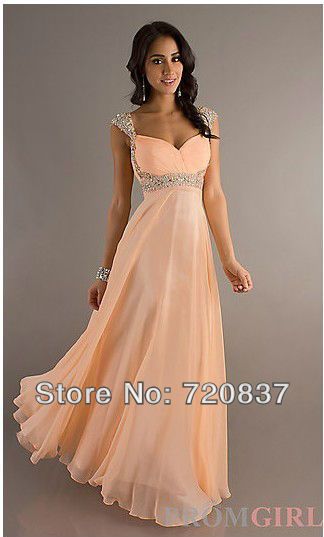 hot sell new straps chiffon red peach color long floor length wedding party bridesmaid dress bridal gown with beadings in stock-in Bridesmai... hmmmm $55 Peach Prom Dresses, Cap Sleeve Prom Dress, Orange Prom Dresses, Vestidos Color Rosa, Formal Bridesmaids Dresses, Gaun Fashion, Prom Dresses For Sale, Beaded Prom Dress, Evening Dress Fashion