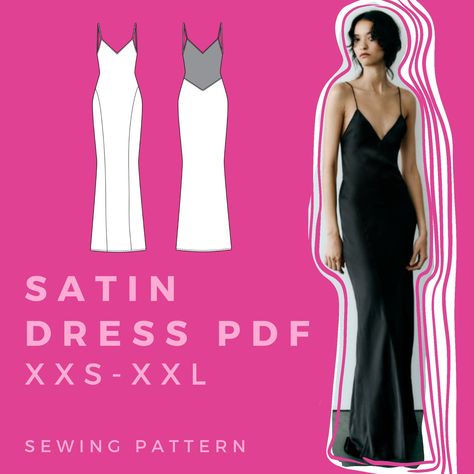 "Elevate your sewing journey with our Satin Dress Sewing Pattern! Designed for both glamour and comfort, this pattern is your ticket to creating a show-stopping dress that feels as luxurious as it looks. Perfect for special occasions or just adding a touch of elegance to your everyday, our user-friendly instructions make crafting this satin beauty a breeze.  This is an intermediate PDF pattern, to make it more beginner use pre-made strap from your local fabric store! Materials Needed: Satin fabric (yardage depends on your size) 1.7 Yards with 60\" wide fabric for sizes xxs-xxl Matching thread Sewing machine Scissors Pins Spaghetti strap maker (optional) It is a digital PDF download in the sizes US Letter, A4 or A0. You can easily download it at home or at any print shop. We promise you 100 Silk Dress Pattern Sewing, Short Formal Dress Sewing Patterns, Satin Dresses Pattern, Sewing Silk Dress, Sewing Satin Dress, Satin Dress Pattern Sewing, Silk Dress Sewing Pattern, Prom Dress Pattern Sewing, Satin Dress Sewing Pattern