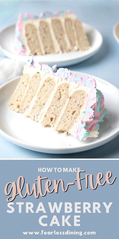 Gluten Free Strawberry Cake Recipe, Gluten Free Strawberry Cake, Gluten Free Birthday Cake, Gluten Free Vanilla Cake, Strawberry Layer Cakes, Strawberry Cake Recipe, Homemade Buttercream, Homemade Buttercream Frosting, Gluten Free Cake Recipe