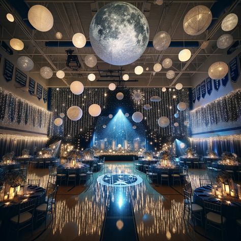 A Night Under The Stars Wedding Theme, Star Night Decorations, Pretty Prom Themes, Prom Themes Starry Night Under The Stars, Under The Stars Prom Decoration, Dancing In The Moonlight Prom Theme, Night Themed Quinceanera, Sweet 16 Galaxy Theme, Quince Starry Night Theme