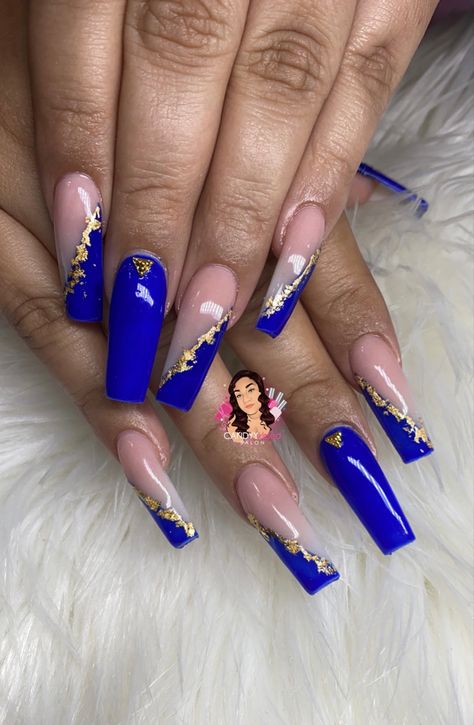 Simple Royal Blue Nails Acrylic, Blue Prom Nails Coffin, Royal Blue Quinceanera Nails Short, Royal Blue Nails And Gold, Royal Blue Nails With Gold Flakes, Prom Nails Blue And Gold, Royal Blue 15 Nails, Royal Acrylic Nails, Royal Blue Acrylic Nails Medium Length