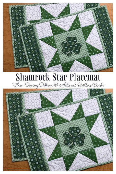 Shamrock Placemats Free Sewing Patterns | Fabric Art DIY Star Placemats Patterns, Free Quilted Placemat Patterns, Quilted Placemats Patterns Free Place Mats, Quilt Placemats Patterns Free, Easter Placemats Diy, Quilted Placemats Patterns Free Ideas, Placemats Ideas Diy, Sewing Placemats, Diy Placemats Fabric