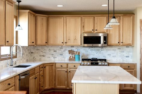 White Wet Room, White Quartz Countertop Kitchen, Cabinet Refresh, Honey Oak Cabinets, Maple Kitchen Cabinets, Maple Kitchen, Oak Cabinet, Quartz Kitchen Countertops, New Countertops