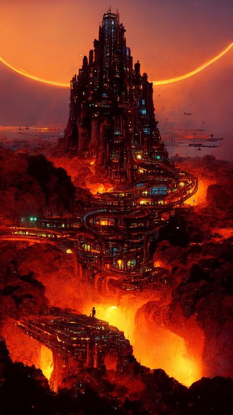 Volcano Castle Fantasy Art, Fantasy Volcanic Landscape, Volcano Town Fantasy Art, Volcanic City Fantasy Art, Volcanic Island Fantasy Art, Fire City Fantasy Art, Volcano City Fantasy Art, Fire Fantasy World, Lava World