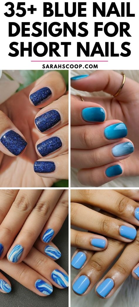 Get inspired with these 35+ blue nail designs perfect for short nails! Whether you prefer light pastel blues or deep navy shades, this collection has a mix of simple and intricate designs for everyone.💙 #NailDesigns #BlueNailDesigns #NailArt Blue Short Acrylic Nails Designs, Blue Nail Ideas Short, Short Acrylic Nails Designs Blue, Blue Short Nail Designs, Simple Nails Blue, Short Blue Nail Designs, Light Blue Nails Short, Short Blue Nails, Nailart Blue