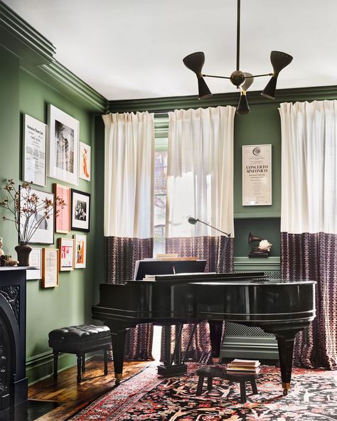 Gallery Walls - ELLE DECOR Dark Green Paint Colors, Green Piano, Dark Green Paint, Greenwich Village Apartment, Sage Green Paint Color, Breakfast Room Green, Sage Green Paint, Piano Room, Green Paint Colors