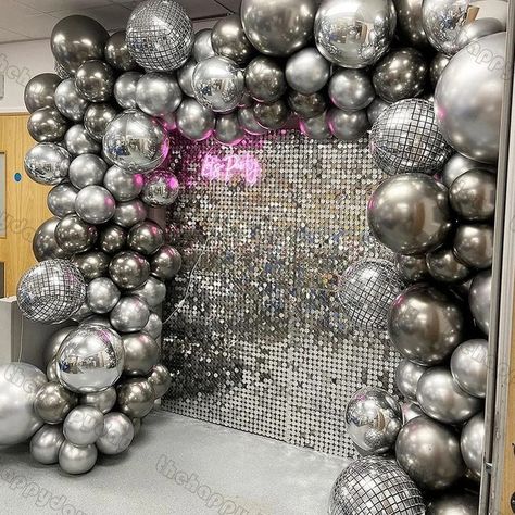 80s Disco Party, Disco Party Decor, Disco Balloons, 25th Anniversary Decorations, Disco Ball Decorations, Disco Theme Party, 18th Birthday Party Themes, Disco Birthday Party, Sequin Wall