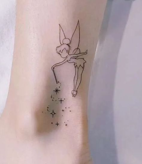 Latest 61 Fairy Tattoo Designs For Women, Meaning, Symbolism and Images - Tips and Beauty Cute Fairy Tattoos For Women, Fairy Tattoo On Leg, Tinkerbell Tattoo Designs, Faith Trust And Pixie Dust Tattoo, Disney Ankle Tattoo, Incredibles Tattoo, Tinkerbell Tattoo Tiny, Fine Line Disney Tattoo, Tiny Fairy Tattoo