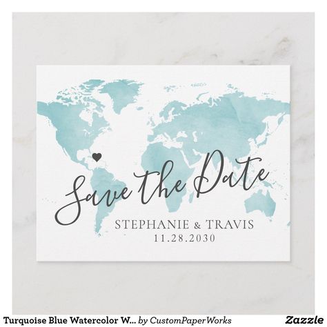 Cute Turquoise Aqua Blue Watercolor World Map Save the Date Announcement Postcard with editable heart location to mark your destination wedding spot. #savethedate #wedding #destinationwedding #invitations #map #turquoise #blue #aqua #wanderlust #weddingabroad #travel #reception #zazzle Watercolor World Map, Postcard Wedding, Modern Wedding Inspiration, Wedding Spot, Travel Map, Save The Date Templates, Save The Date Postcards, Watercolor Invitations, Invitation Card Design