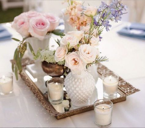 Mirrored Tray Centerpiece, Milk Glass Centerpiece, Candles And Flowers, Vintage Wedding Centerpieces, French Country Wedding, Flowers And Candles, Ideas Handmade, Wedding Reception Tables, Vintage Wedding Decorations