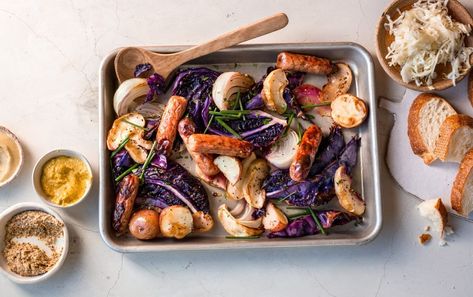 This high-protein Alsatian dish is the best of fall — all in one pan. High Fiber Dinner, Sheet Pan Sausage And Veggies, Pan Sausage And Veggies, Pudding Oats, Myfitnesspal Recipes, Sheet Pan Sausage, Marley Spoon Recipes, Sausage And Veggies, Walking Program