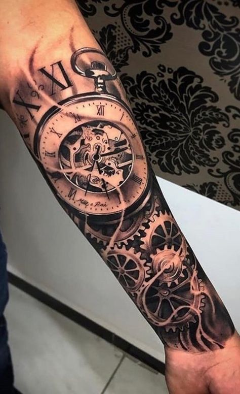 Male Arm Tattoos, Clock Tattoo Sleeve, Pocket Watch Tattoo Design, Watch Tattoo Design, Gear Tattoo, Pocket Watch Tattoos, Mechanic Tattoo, Skull Sleeve Tattoos, Mens Shoulder Tattoo