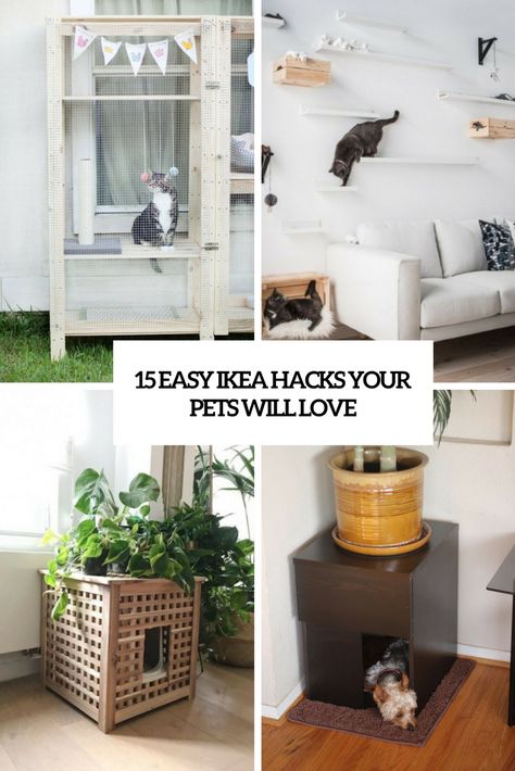 easy ikea hacks your pets will love cover Ikea Hacks Pets, Cat Ikea Hacks, Cat Station Ideas, Ikea Pet Hacks, Ikea Cat Hack, Ikea Hacks Cat, Cat Feeding Station Dog Proof, Ikea Hacks For Cats, Pet Friendly Living Room