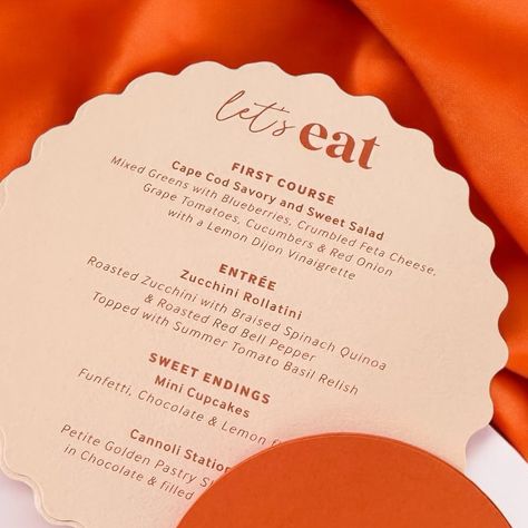 Wavy round menus in peach 🍑 Ship our Camilla collection online. . . . #weddingmenu #menucard #menus #weddingstationery #weddingmenus #weddingdetails #weddings #weddingideas #weddingstyle #weddingtheme #weddinginspo #letseat #papergoods #dailydoseofpaper Round Menu Wedding, Baby Brunch, Dijon Vinaigrette, Roast Zucchini, Salad Mixed Greens, Wedding Tablescape, Summer Tomato, Wedding 2024, Chocolate Filling