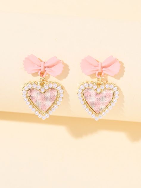 Pink Fashionable   Plastic  Dangle Embellished   Jewelry Kawaii Jewelry, Pink Accessories, Pearl Heart, Kawaii Accessories, Fancy Jewellery, Pink Jewelry, Bow Earrings, Fantasy Jewelry, Girly Jewelry