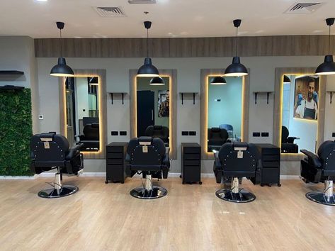 SALON DUBAI Barbing Salon Design In Nigeria, Parlour Design Interiors, Barbing Salon Design, Beauty Bar Salon Ideas Interior Design, Modern Barber Shop Ideas Interior Design, Modern Barber Shop Interior, Barbershop Interior Design, Barber Shop Pictures, Modern Barber Shop