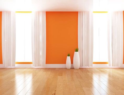 What Color Curtains Go With Orange Walls, Curtains For Orange Walls Living Room, Orange Painted Rooms, Orange Living Room Walls, Orange Bedroom Walls, Interior Modern House, Orange Painted Walls, Light Yellow Walls, Dark Blue Curtains