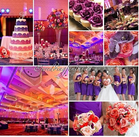 purple n coral wedding. This collage gives a good vibe as far as ambiance.. not just what we want but good feel Sunset Themed Wedding Decor, Purple Coral Wedding, Wedding Bouquets Purple, Sunset Wedding Theme, Lavender Ideas, Theme Clothes, Purple Wedding Centerpieces, Sunrise Wedding, Purple Wedding Inspiration