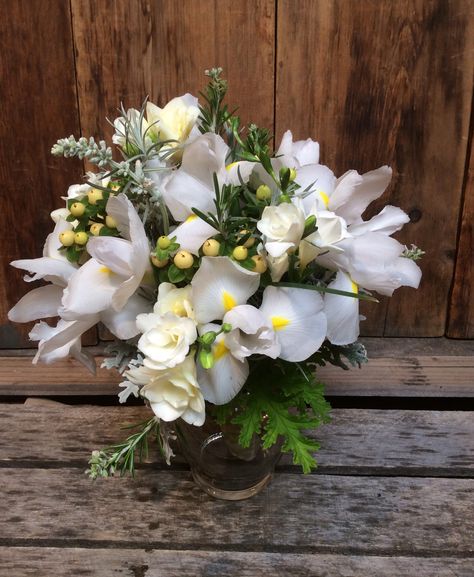 White bridal bouquet- white iris, white freesia, ivory hypericum berries White Iris Bouquet, Iris Wedding Bouquet, Iris Wedding, Iris Bouquet, Iris White, White Freesia, Hypericum Berries, White Iris, White Bridal Bouquet