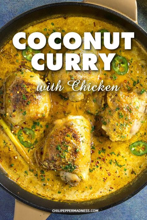 Try this coconut curry recipe with chicken thighs that are seared then braised in a flavorful sauce made with curry spices and coconut milk. #Curry #Dinner Recipe With Chicken Thighs, Curry Chicken Thighs, Coconut Curry Chicken Recipes, Coconut Curry Recipe, Curry Dinner, Coconut Curry Recipes, Recipe With Chicken, Yellow Curry, Cibo Asiatico